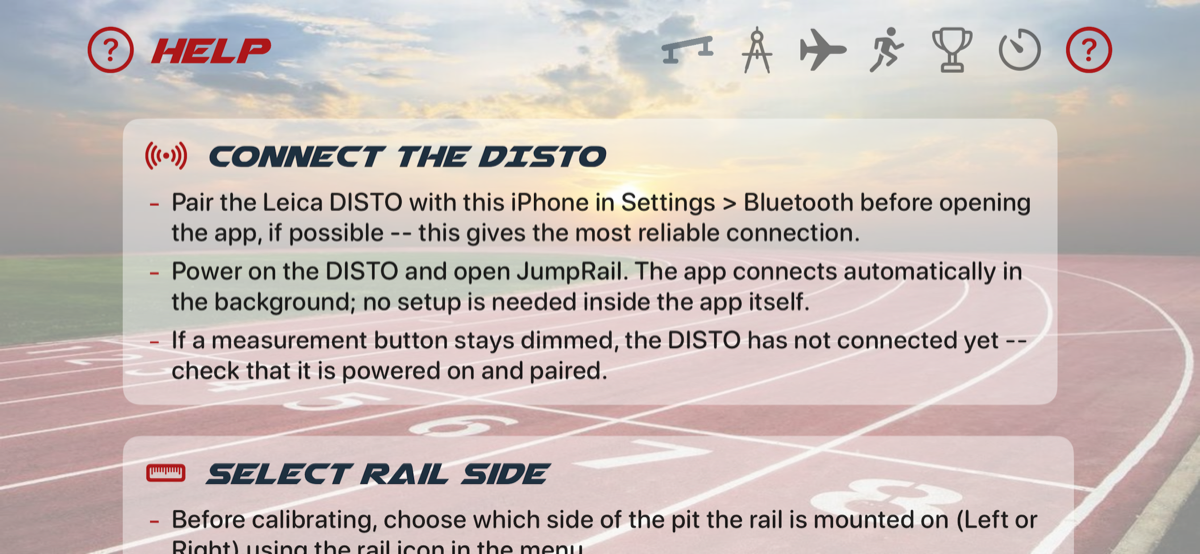 JumpRail in-app Help screen
