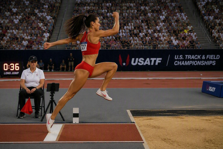 An official seated beside a tripod-mounted iPad at the long jump board as an athlete takes off