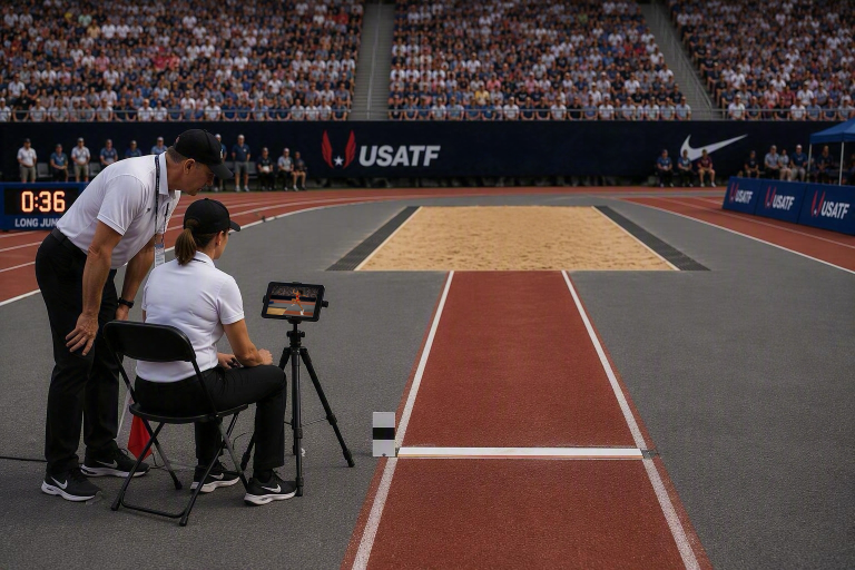 Two officials leaning in to review an attempt on the tripod-mounted iPad at the long jump board